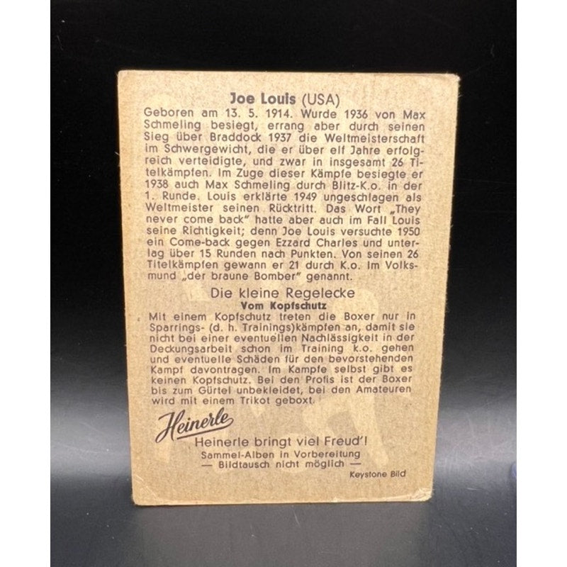 Rare German 1958 Heinerle Joe Louis Boxing Card Brown Bomber Heavyweight Champ, James Braddock, Max Schmeling, Detroit