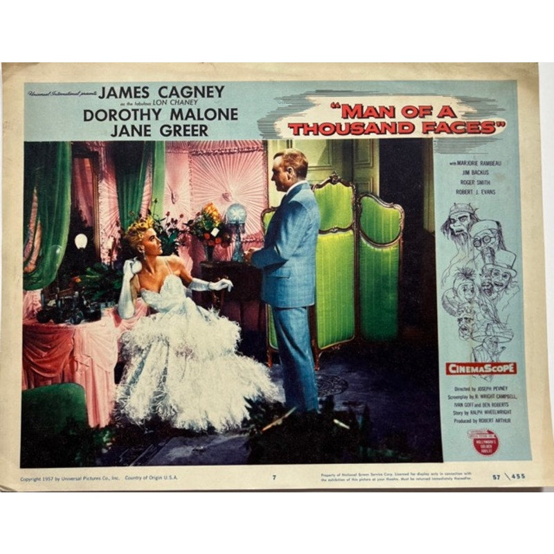 1957 Man of a Thousand Faces Lobby Card James Cagney Lon Chaney Hollywood, London After Midnight, Phantom of the Opera, Hunchback Notre Dame.
