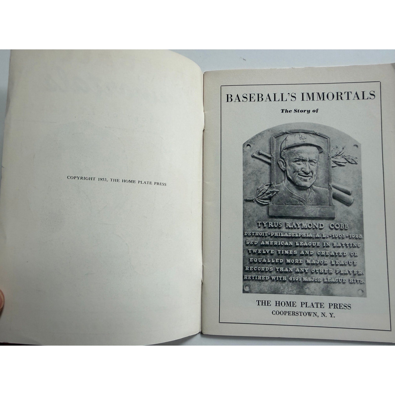 RARE 1953 Baseball's Immortals Ty Cobb Booklet Hall of Fame Series Number 1, Baseball, Georgia Peach, Cooperstown New York, Detroit Tigers