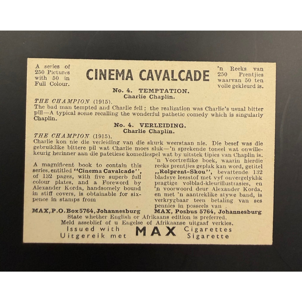 1940 Cinema Cavalcade Charlie Chaplin Cigarette Card The Champion 1915 Charles City Lights, Modern Times, Gold Rush, Pay Day, A Dogs Life x