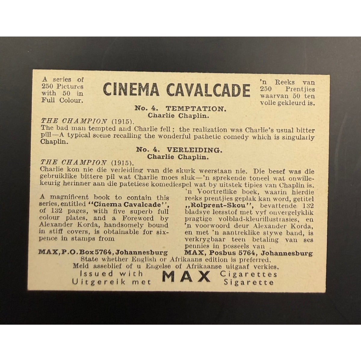 1940 Cinema Cavalcade Charlie Chaplin Cigarette Card The Champion 1915 Charles City Lights, Modern Times, Gold Rush, Pay Day, A Dogs Life x
