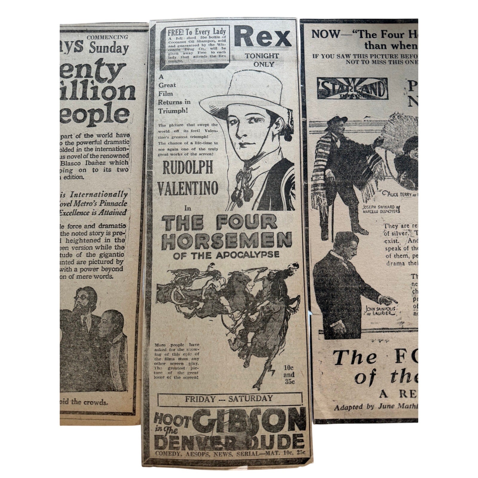 3 Rare 1921 Rudolph Valentino Four Horsemen of the Apocalypse Newspaper Movie Ads, The Sheik, Blood and Sand, A Sainted Devil, Young Rajah