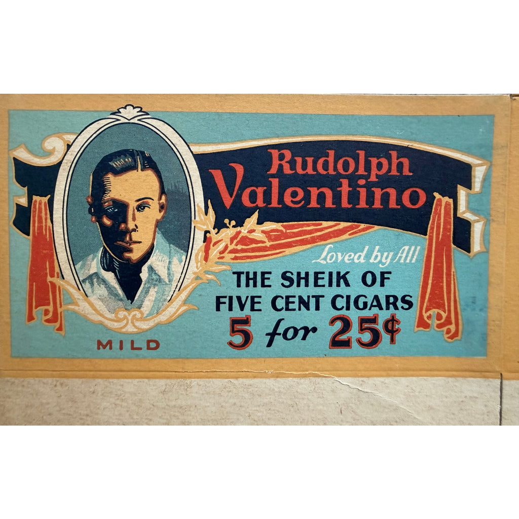 RARE UNUSED 1920s Rudolph Valentino Cigar Box The Sheik, Blood and Sand, Cobra, Four Horsemen of the Apocalypse, Sainted Devil, The Eagle