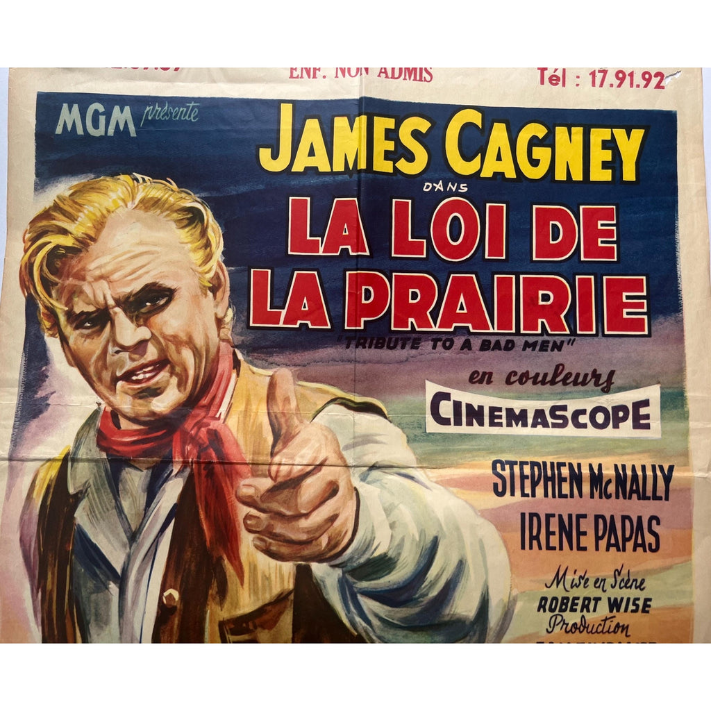 Original 1956 French Window Card from Tribute to a Bad Man Starring James Cagney Western Vintage Movie Poster Jimmy Cagney Hollywood Cowboy