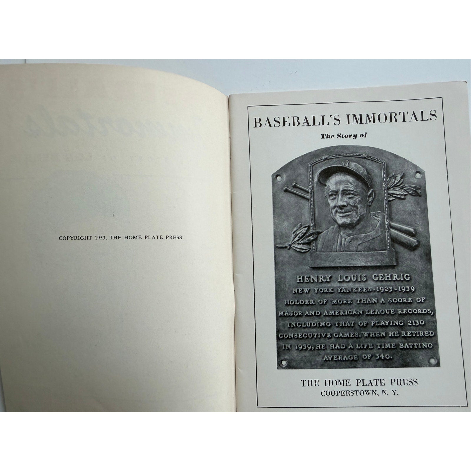 RARE 1953 Baseball's Immortals Lou Gehrig Booklet Baseball Hall of Fame New York Yankees, Iron Horse, MLB