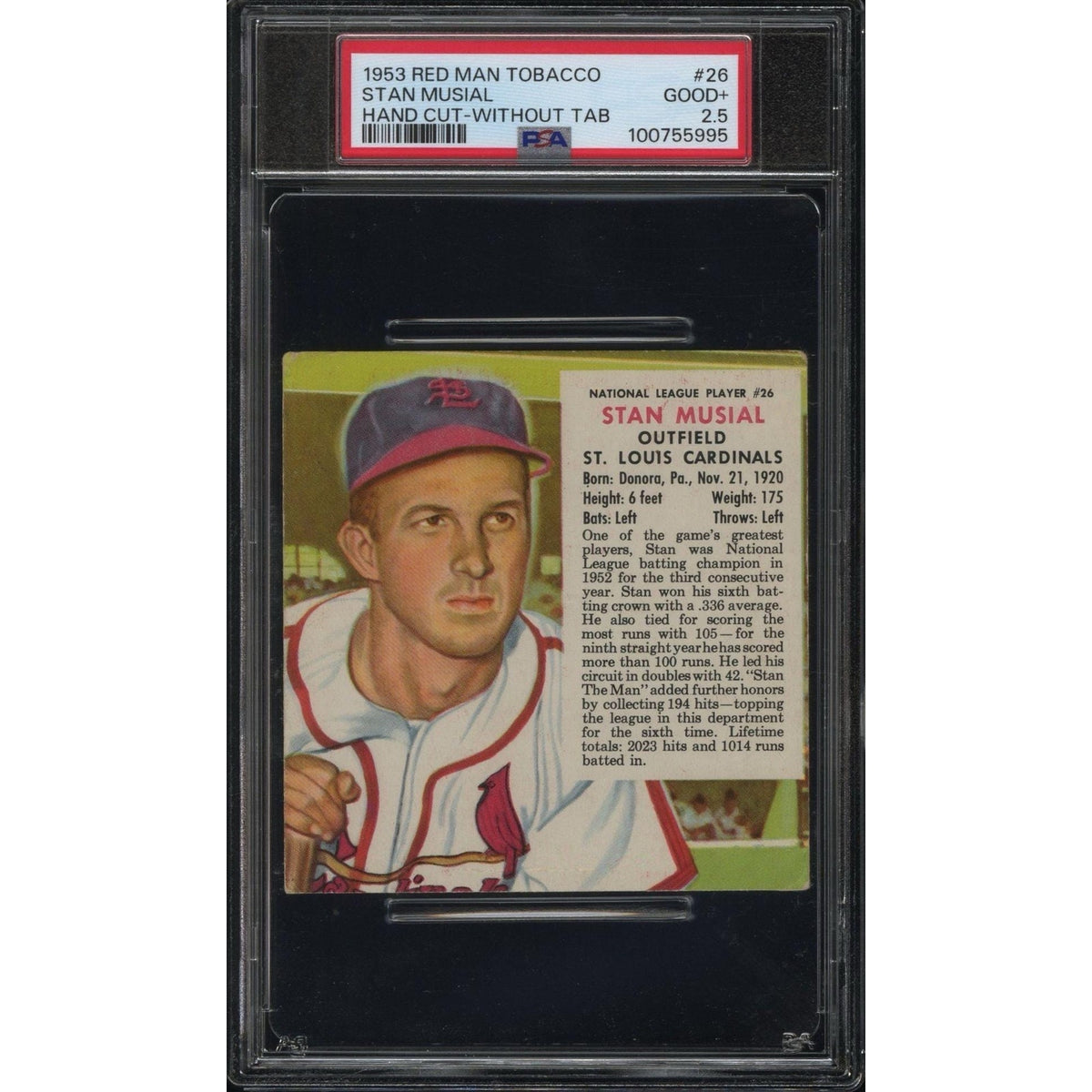 1953 Red Man Stan Musial PSA 2.5 St. Louis Cardinals No Tab MLB Hall of Fame Stan the Man Baseball GOAT Cards Baseball Card All Star Champ