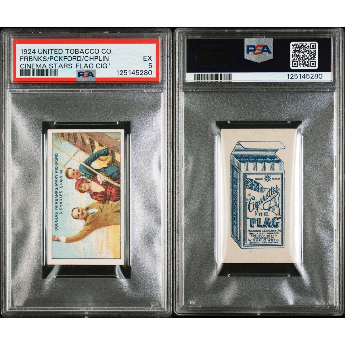 1924 United Tobacco Charlie Chaplin, Mary Pickford, Douglas Fairbanks, PSA 5, Rare Flag Back, Only 6 Graded, United Artists